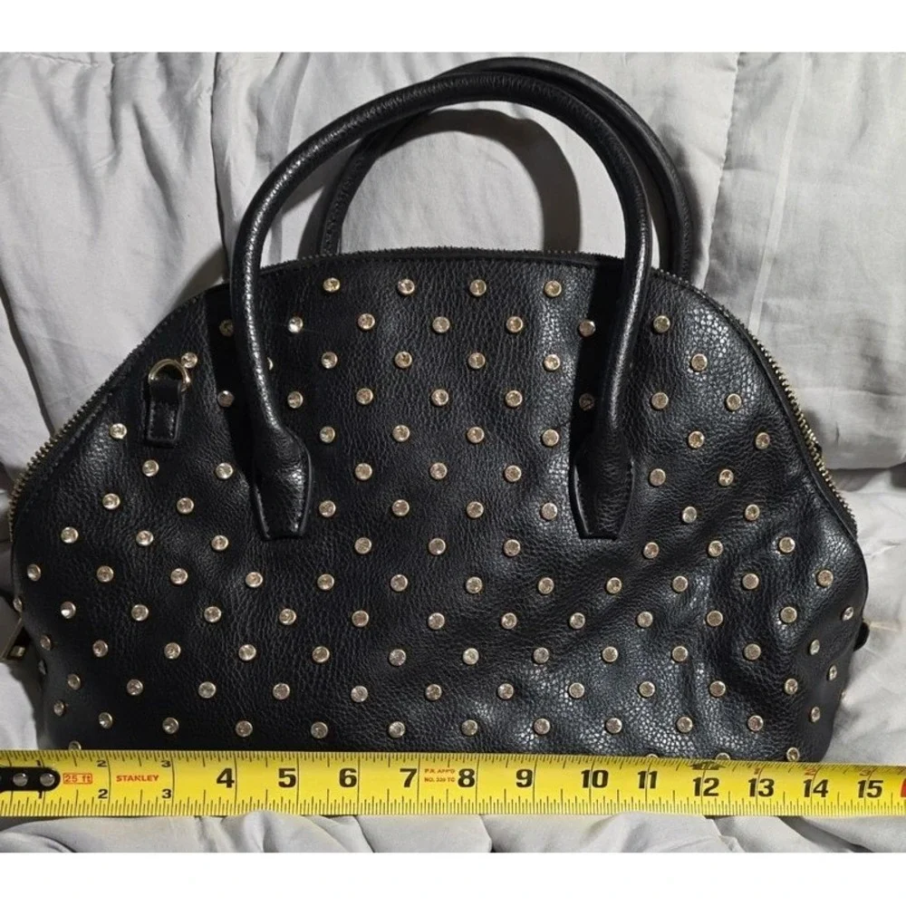Black Pebbled Faux Leather Rhinestone Studded Dome Satchel Handbag Gold Hardware